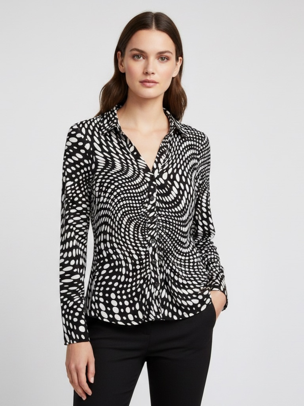 Sanctuary Black White Optical Swirl Dot Button Down V-Neck Blouse L
